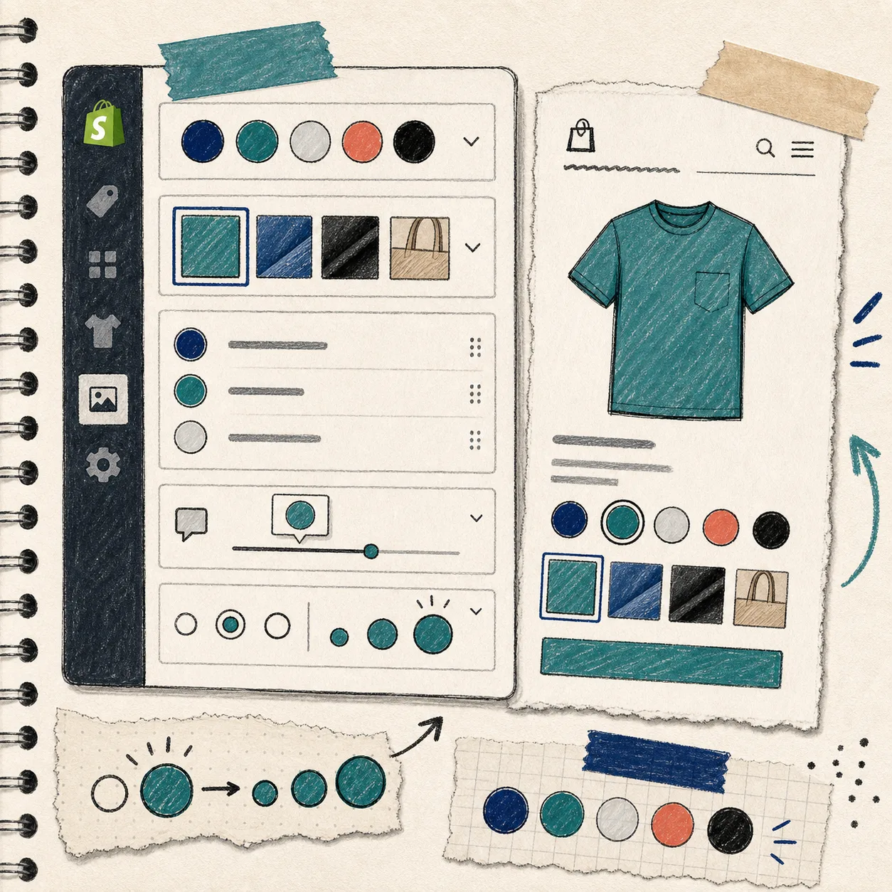 Hand-drawn hero illustration of Shopify swatches connecting store admin and storefront cards