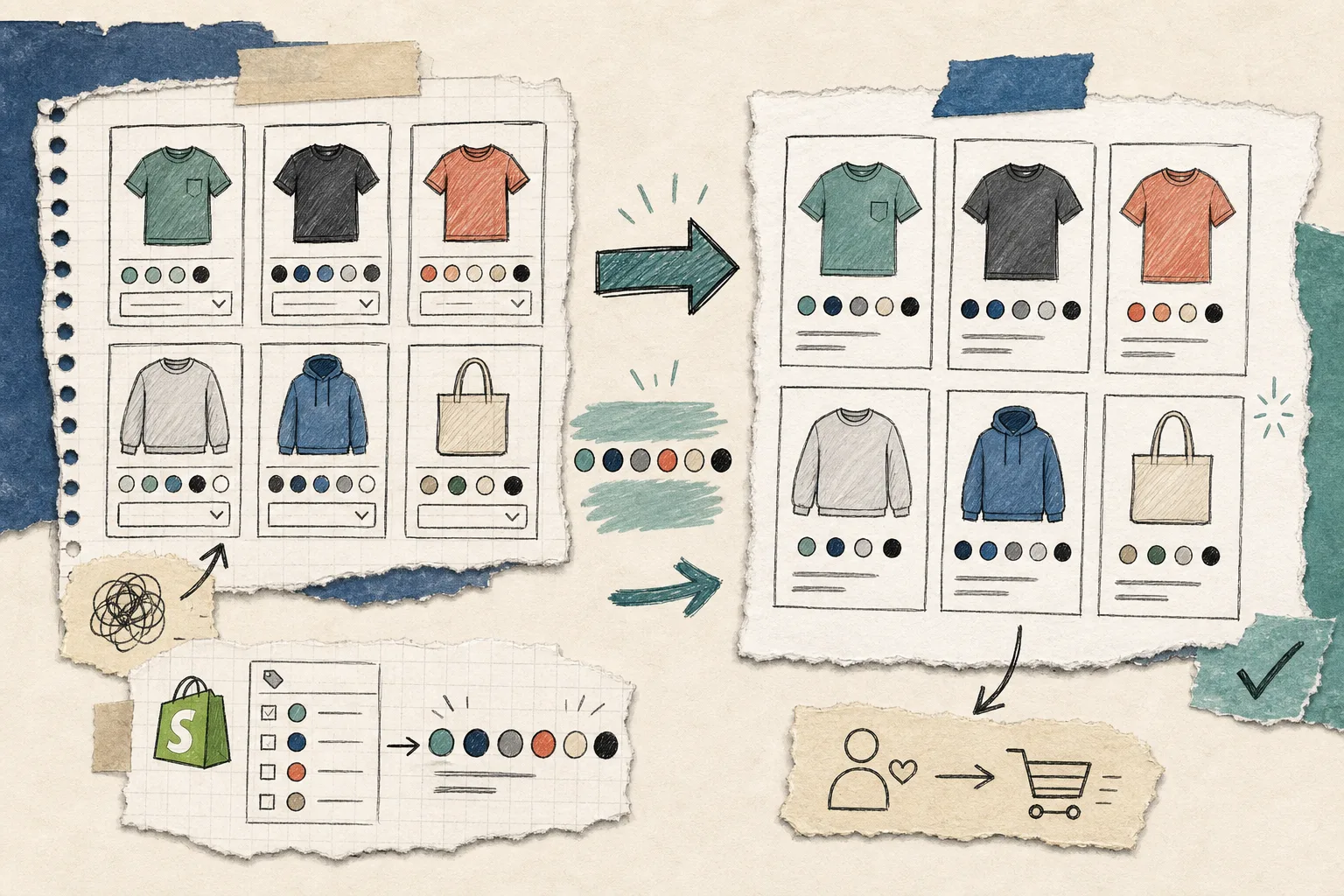 Notebook-style illustration of multilingual swatch customization