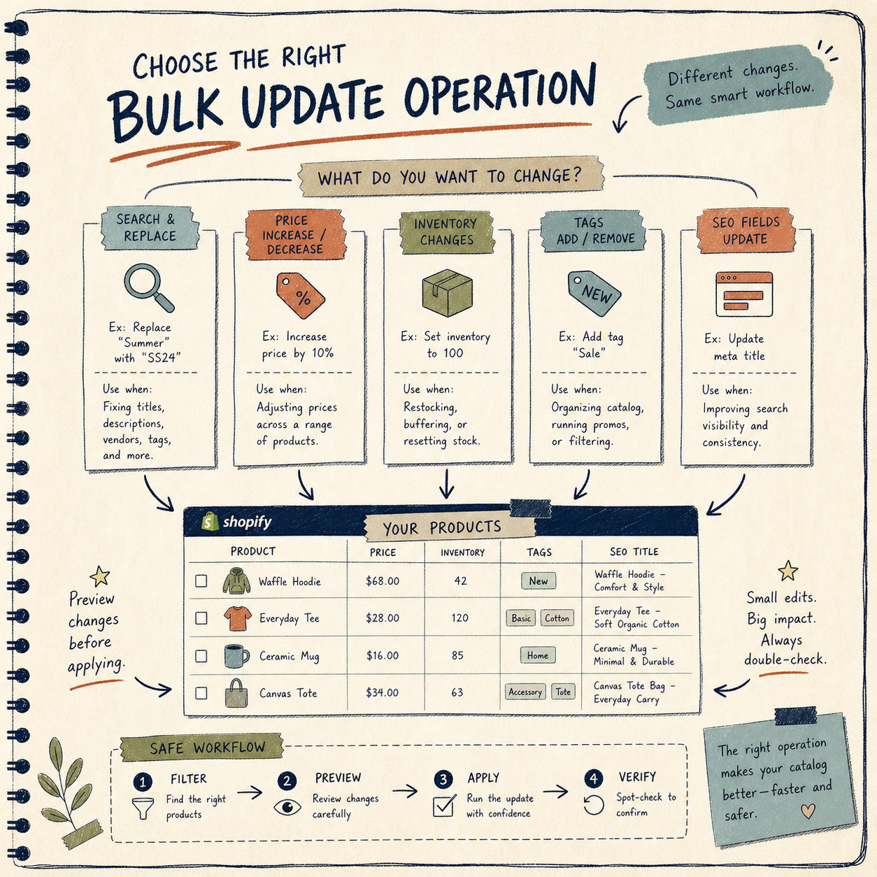 Hand-drawn illustration of choosing a Shopify bulk update operation