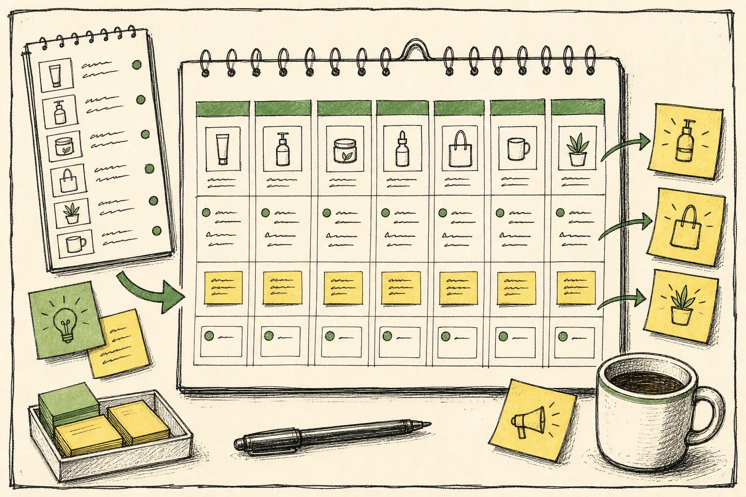 Hand-drawn Shopify content calendar