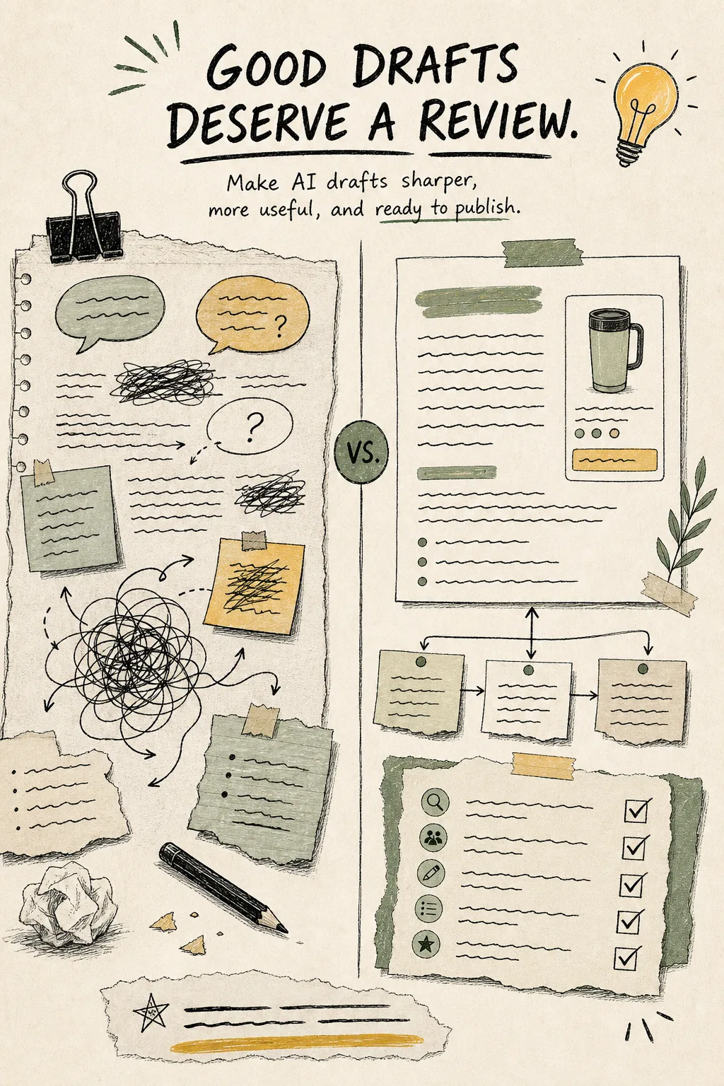 Hand-drawn review split between generic and product-aware drafts