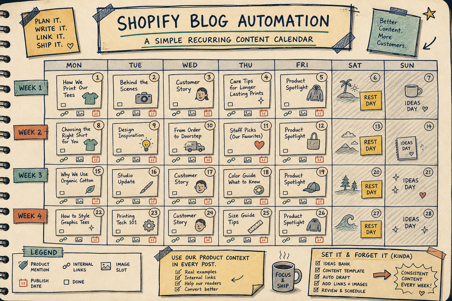 Recurring Shopify blog content calendar
