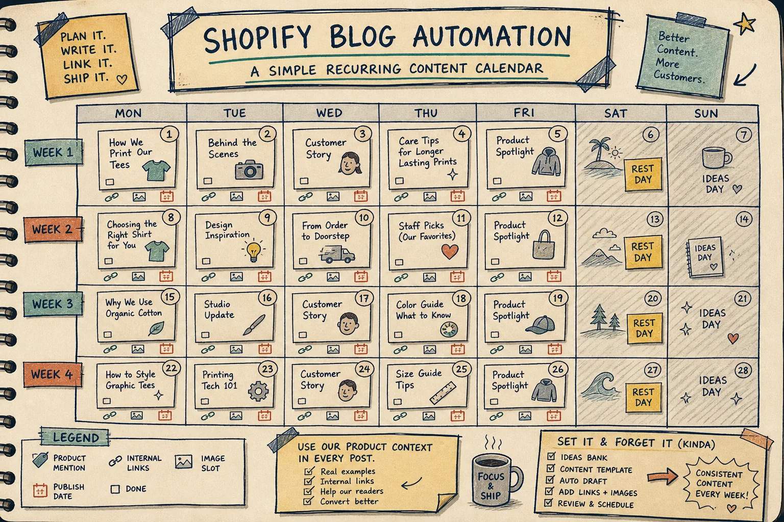 Recurring Shopify blog content calendar