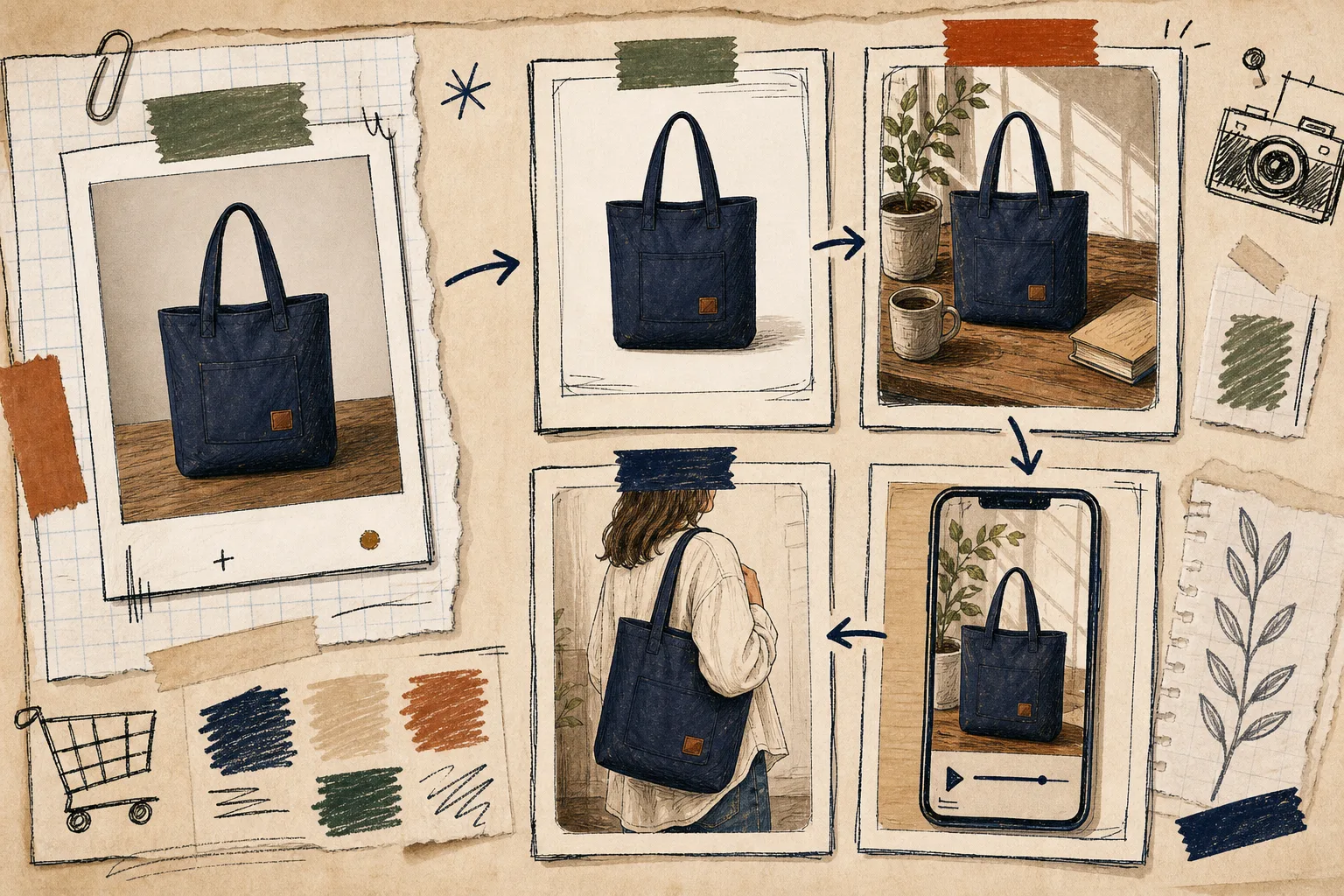 Hand-drawn asset grid showing one source product photo becoming listing, lifestyle, try-on, and ad outputs