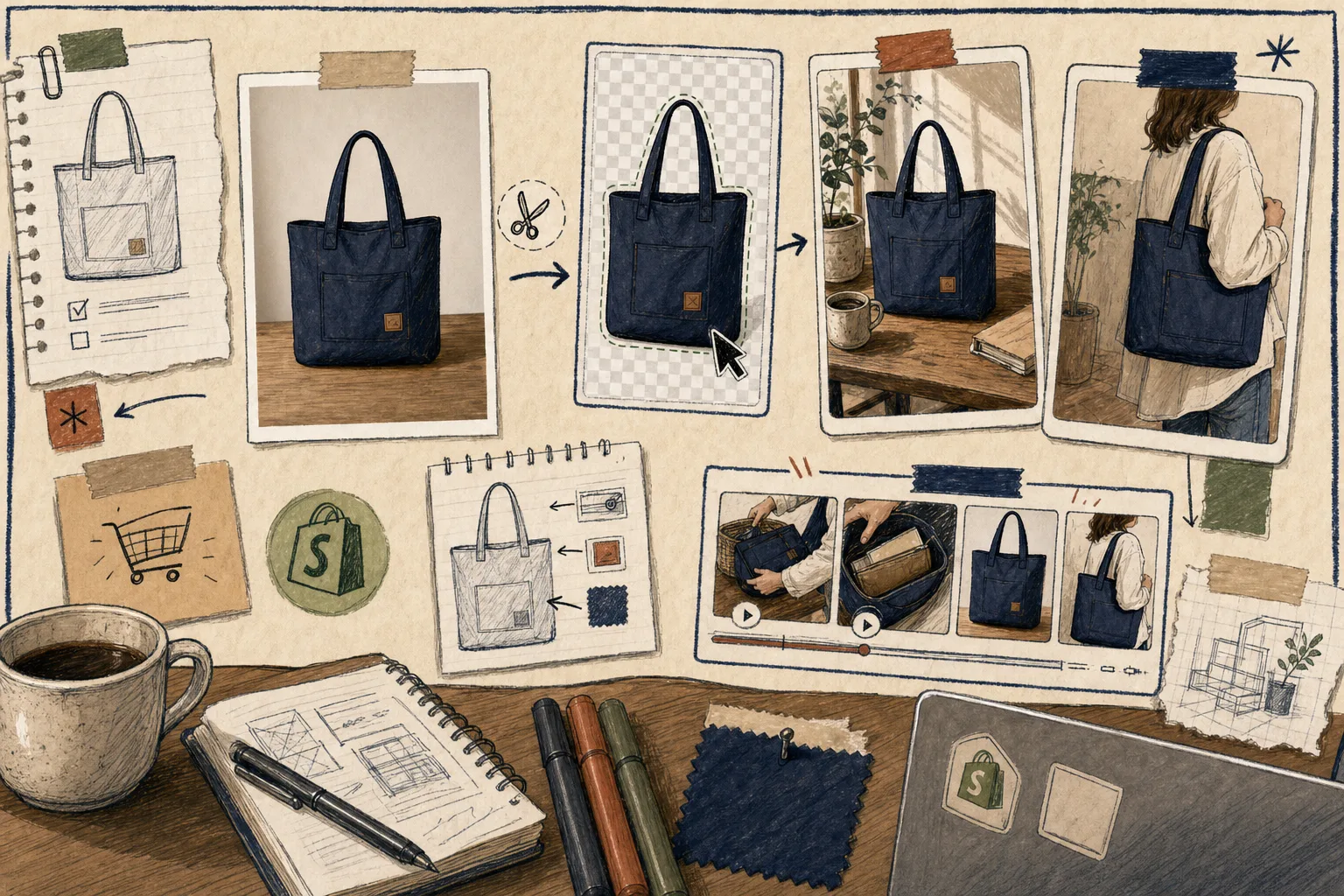 Hand-drawn desk scene showing a plain product photo, cleanup tools, and output cards