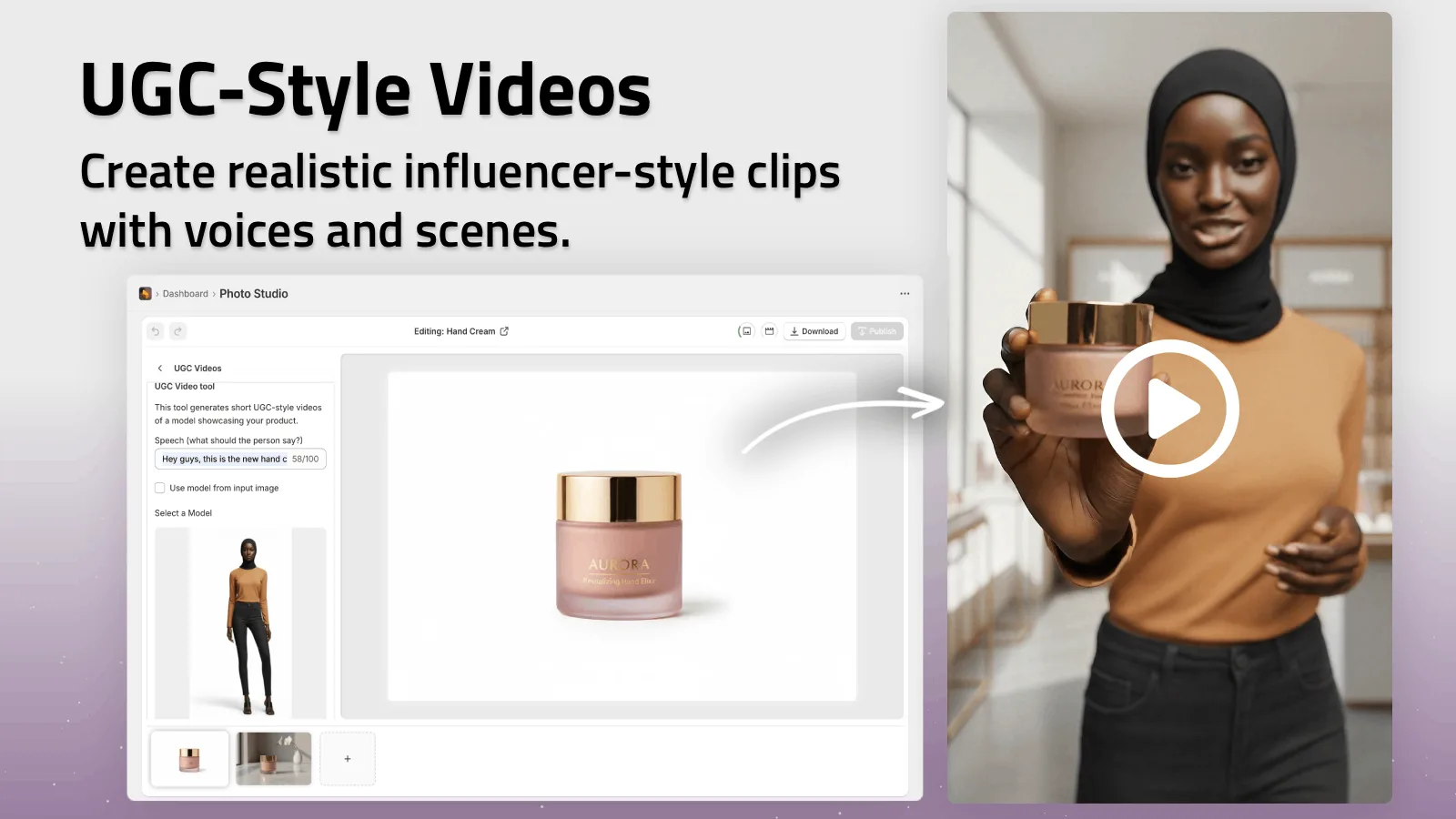 UGC-style video workflow shown in the Shopify app listing