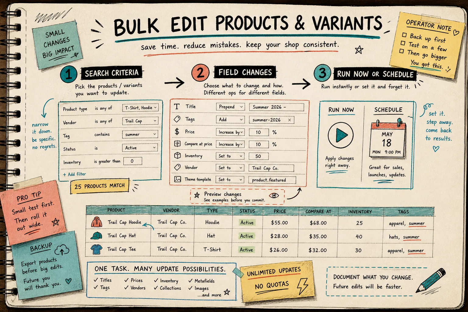 Hand-drawn workflow showing search criteria, field changes, and scheduling