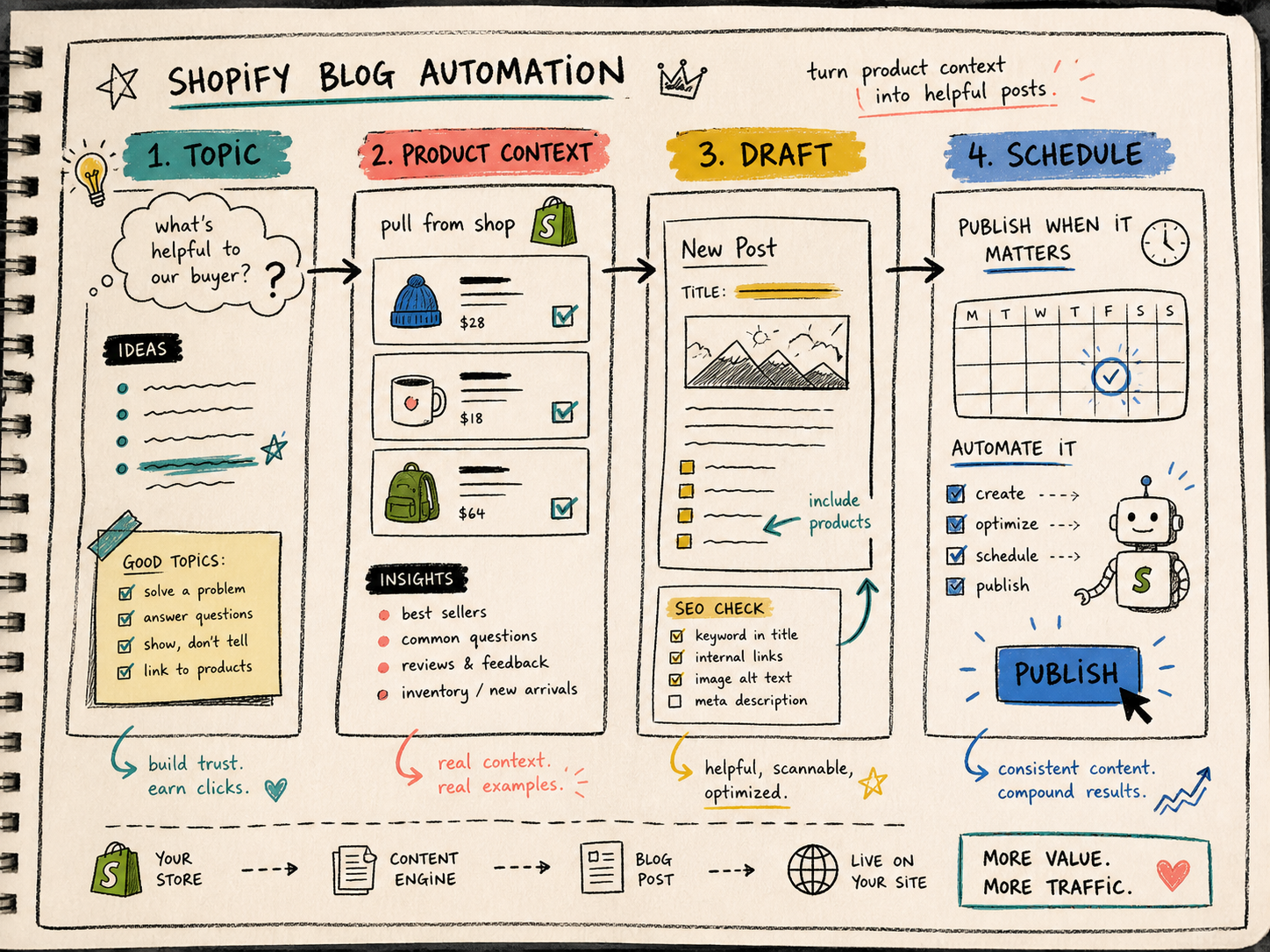 Workflow map for Shopify blog automation