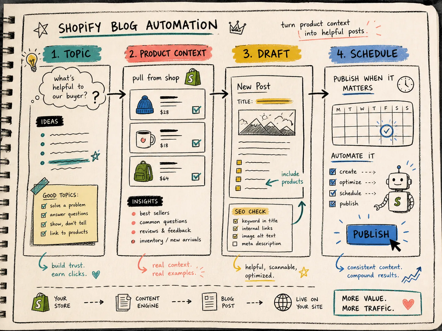Workflow map for Shopify blog automation