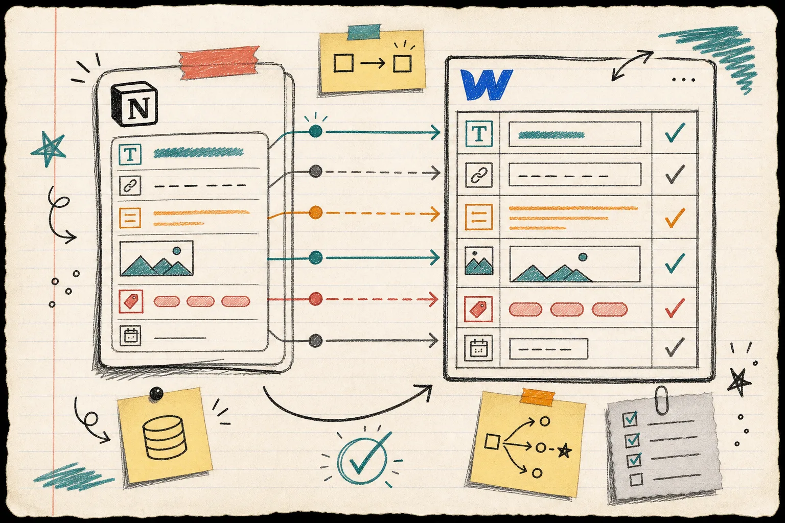 Hand-drawn field mapping diagram from Notion to Webflow