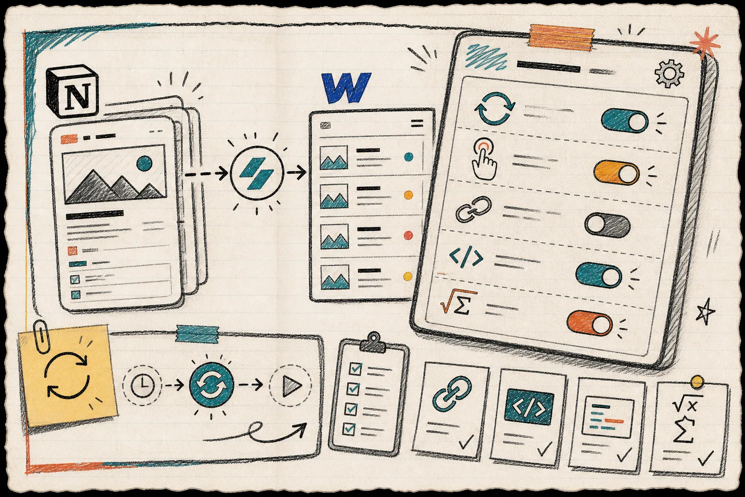 Hand-drawn sync settings panel for Notion to Webflow automation