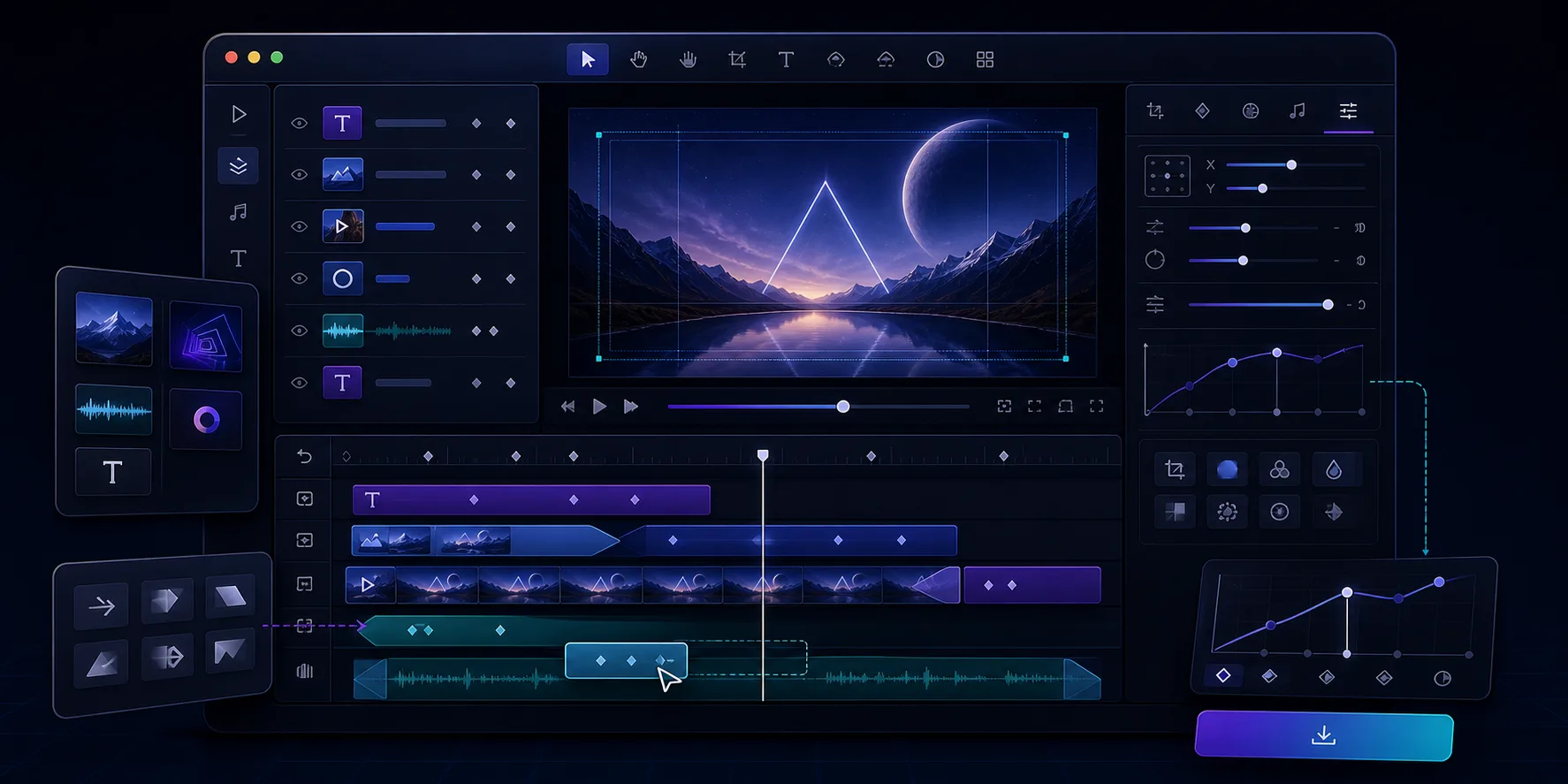 VideoFlow React editor with timeline, inspector, and export controls