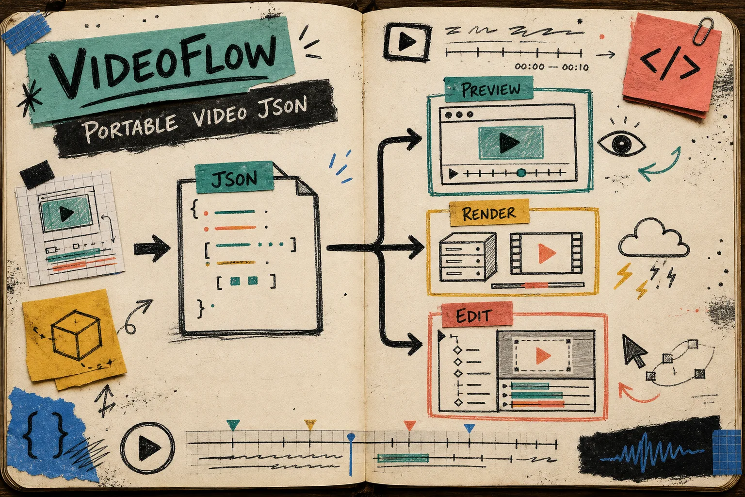 Hand-drawn VideoFlow banner showing one JSON source feeding preview, render, and edit paths