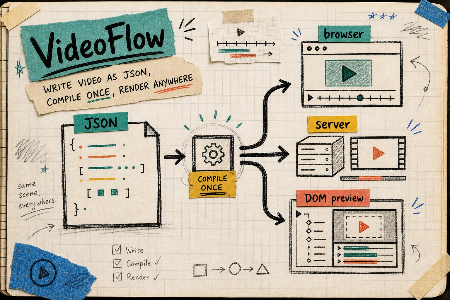 Notebook diagram of VideoFlow JSON flowing into browser, server, and DOM preview renderers