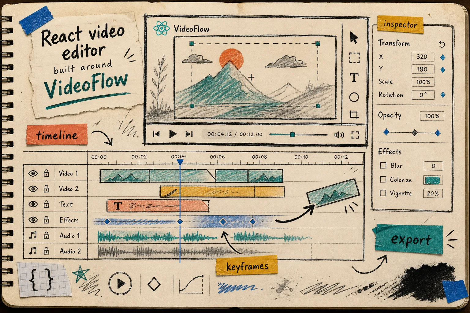 Flow diagram from prompt to VideoJSON preview to MP4 in a notebook sketch style