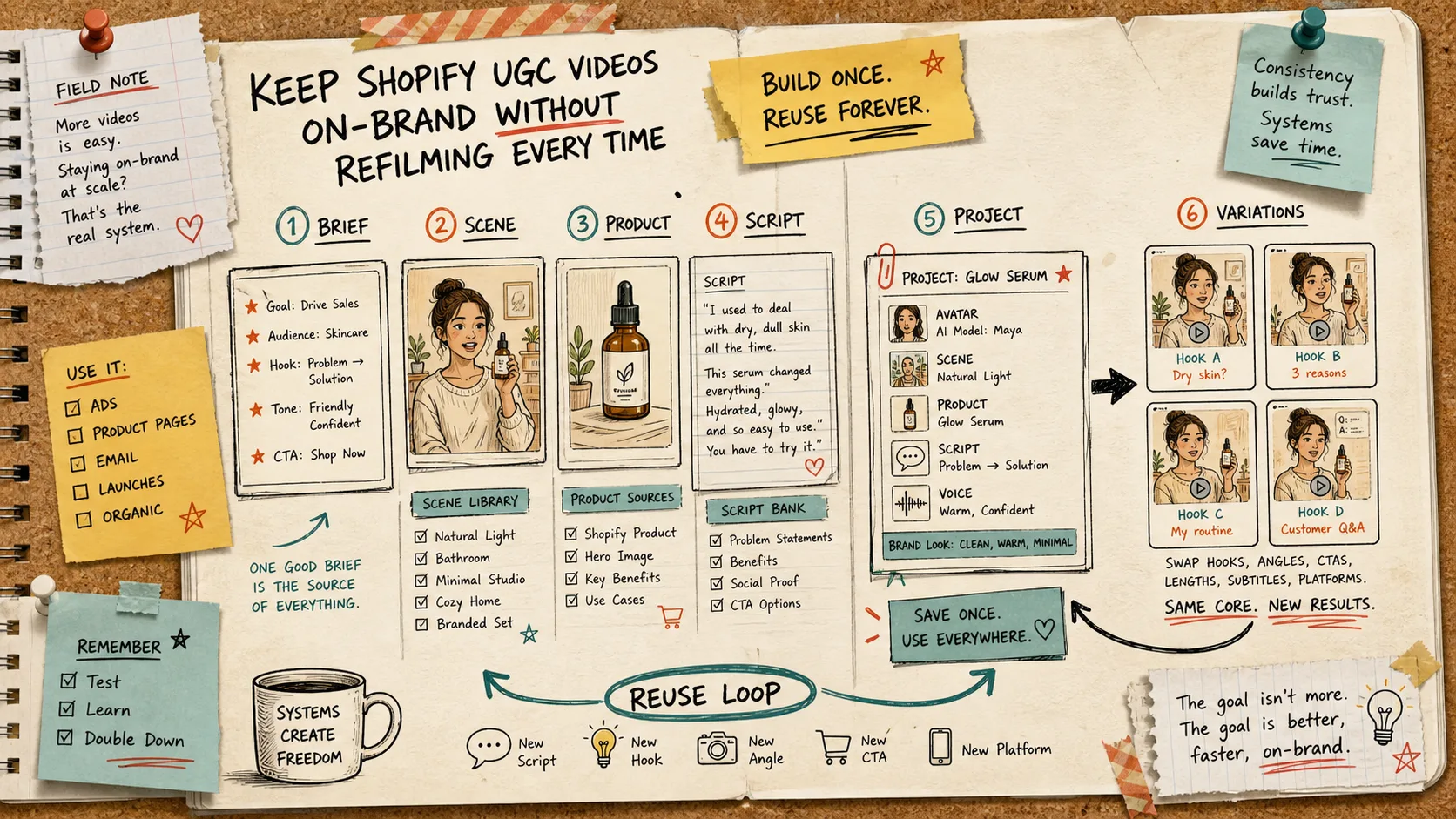 Reusable UGC scene library with studio, kitchen, boutique, and patio scenes