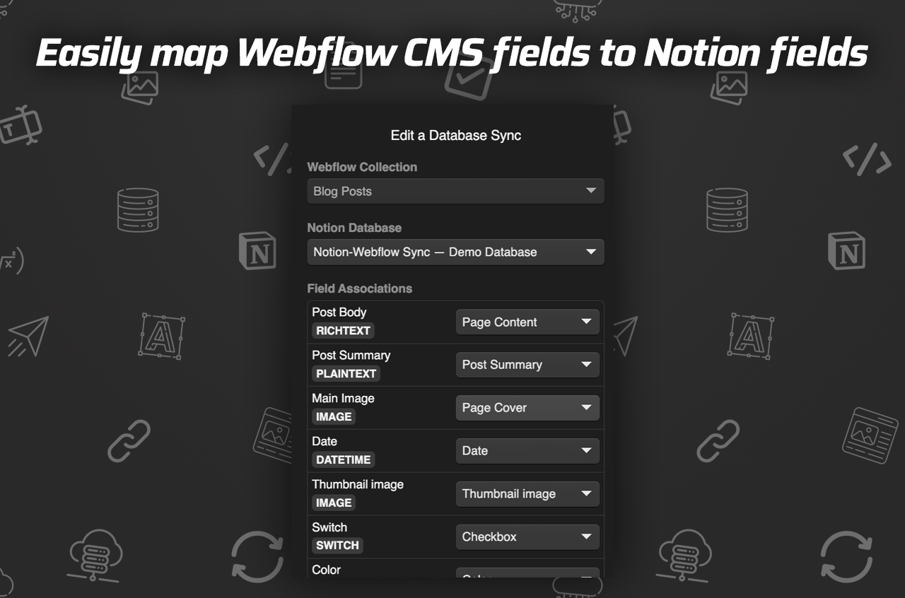 Easily map Webflow CMS fields to Notion fields