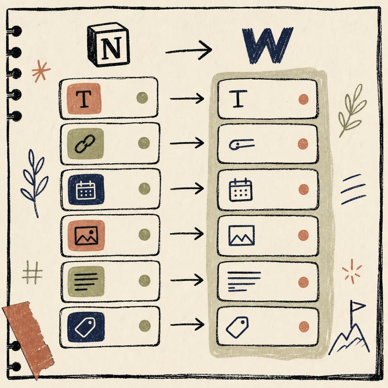 Hand-drawn Notion to Webflow field mapping illustration