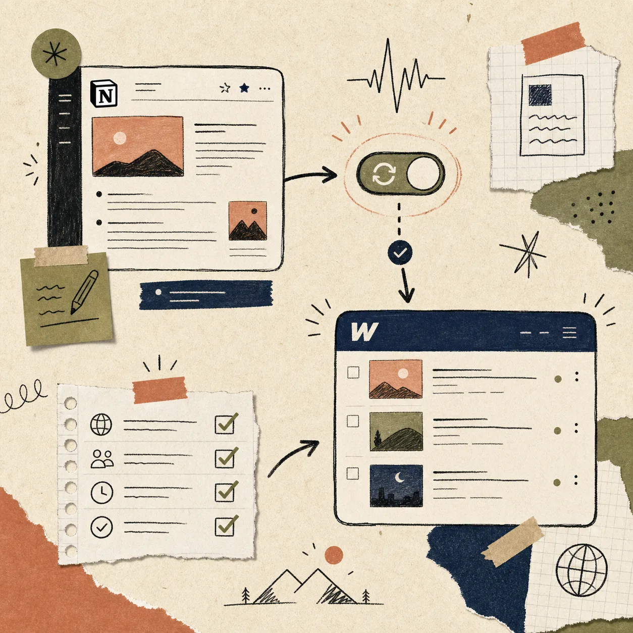 Hand-drawn SyncFlow auto-sync and publish settings illustration