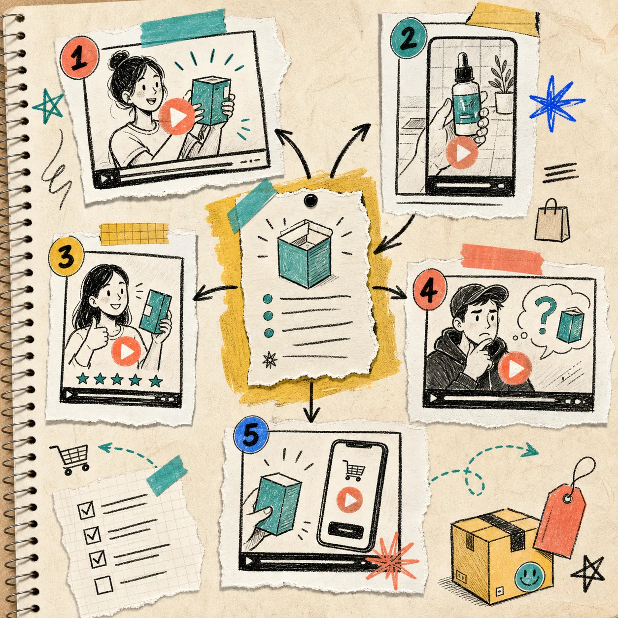 Notebook-style breakdown of one brief turning into five video hooks