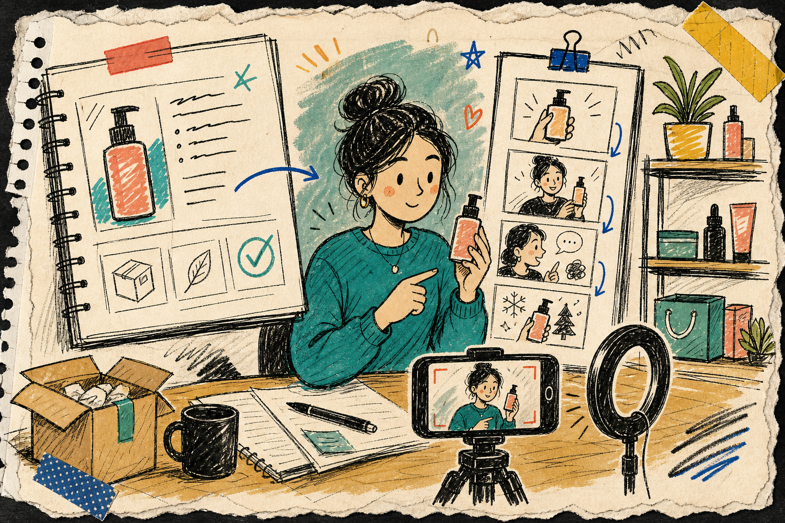 Hand-drawn studio scene showing an AI avatar recording Shopify product clips