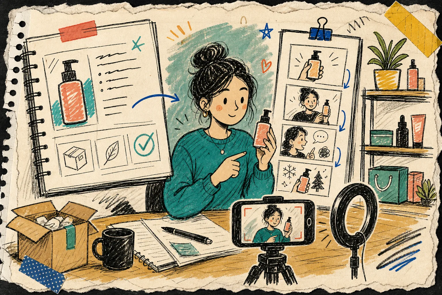 Hand-drawn studio scene showing an AI avatar recording Shopify product clips