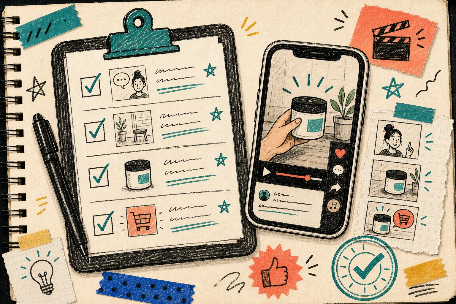 Hand-drawn checklist for reviewing a Shopify UGC launch kit before publish