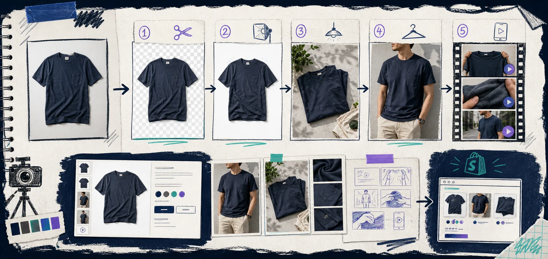 Hand-drawn banner showing one product photo branching into multiple Shopify visual outputs