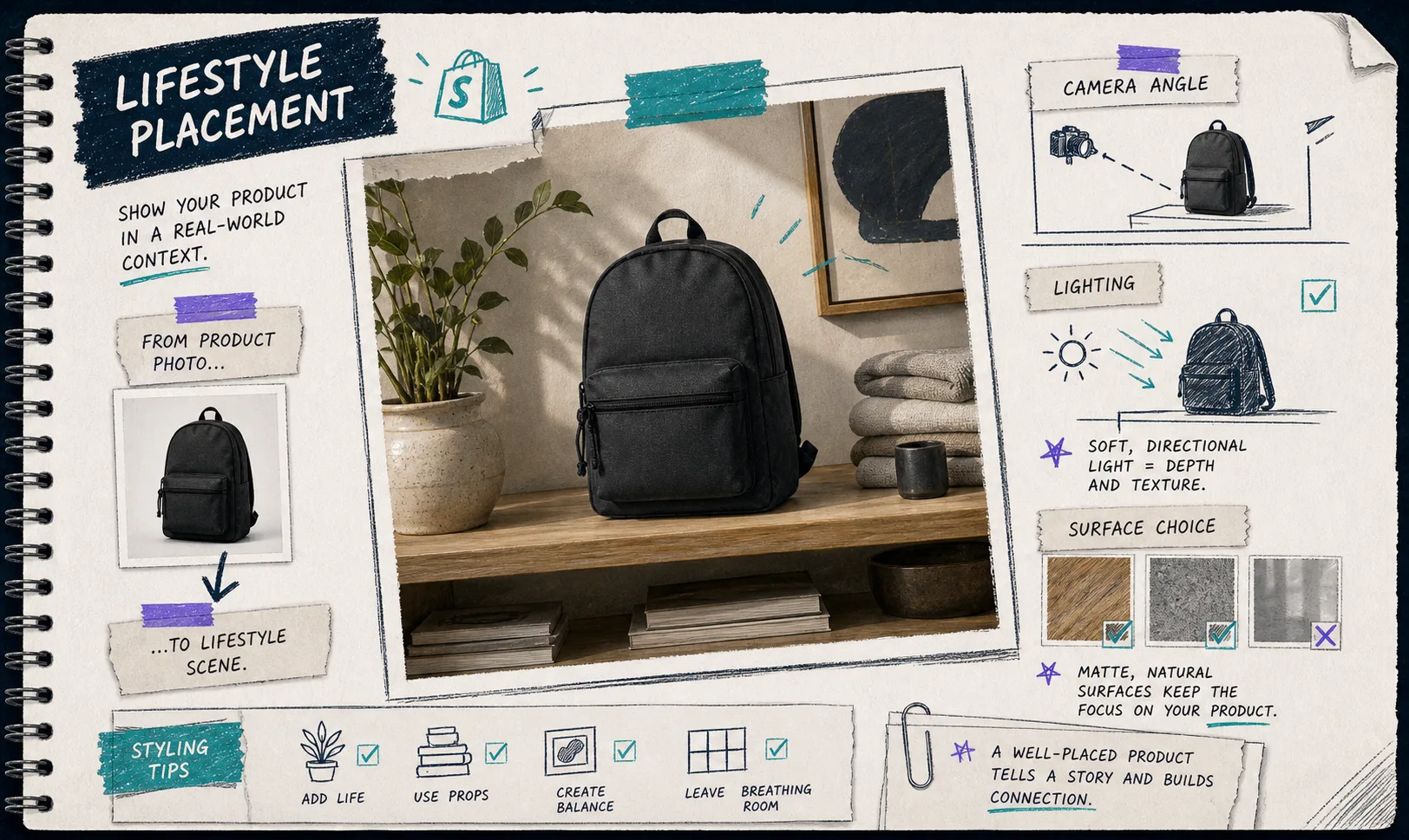 Notebook-style lifestyle scene showing a product placed into a real-world environment