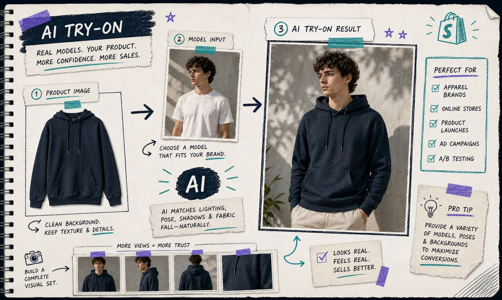 Hand-drawn try-on illustration showing a product placed on a realistic AI model
