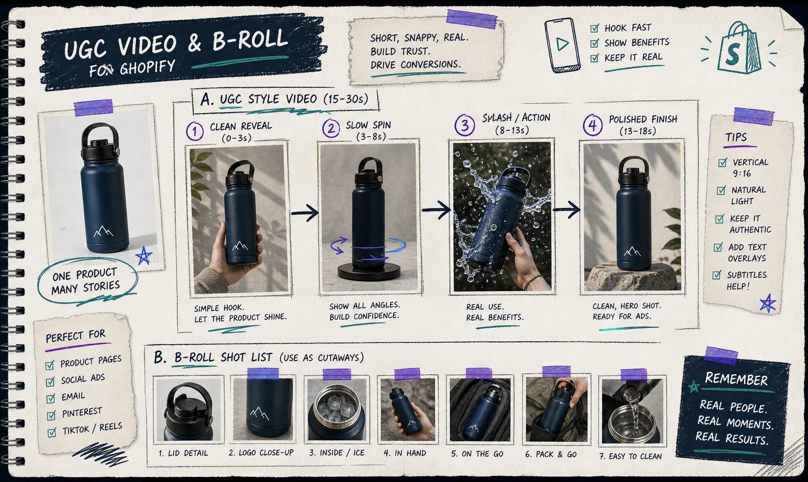 Hand-drawn storyboard for short UGC-style video and b-roll variations