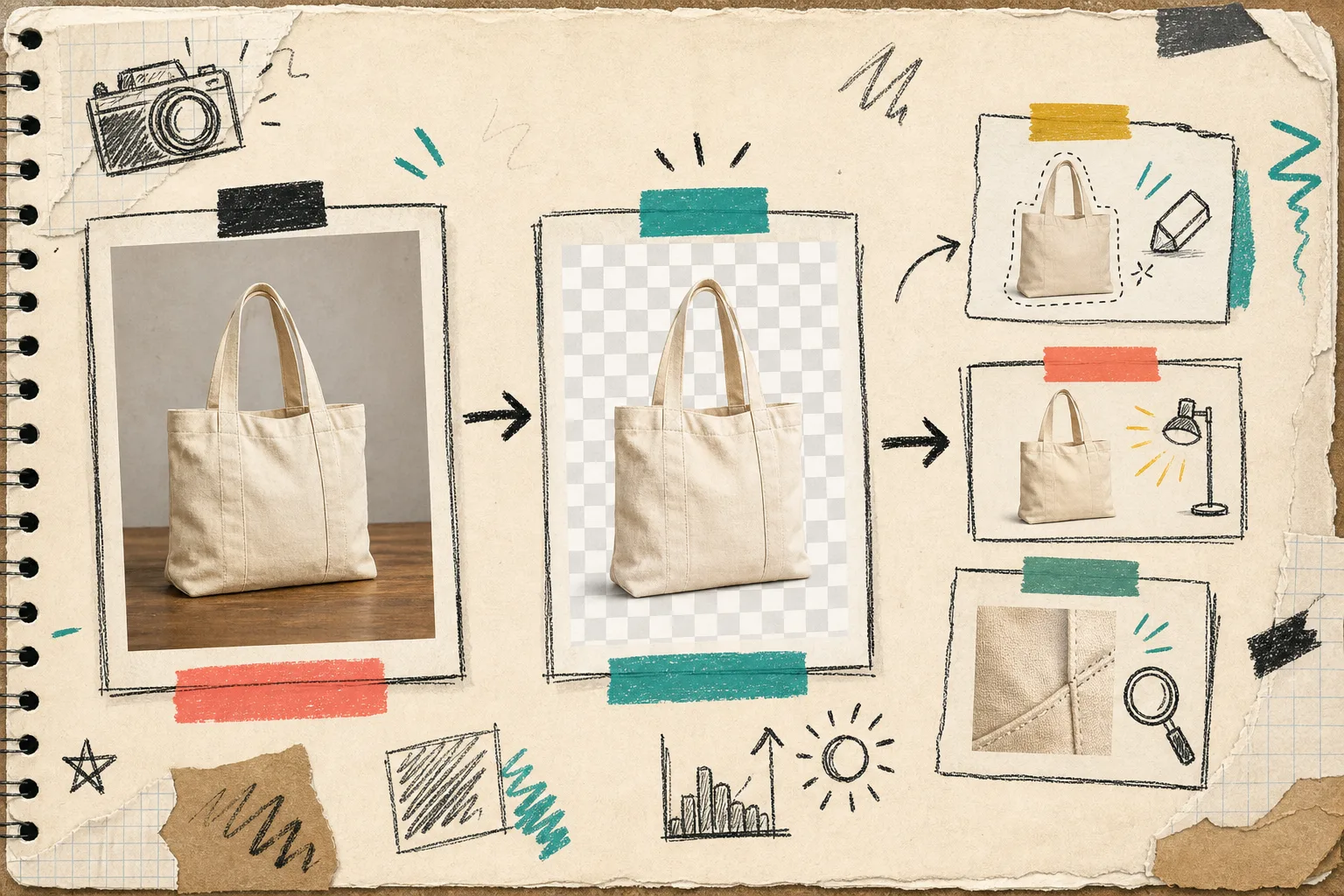 Notebook-style illustration of product photo cleanup and enhancement