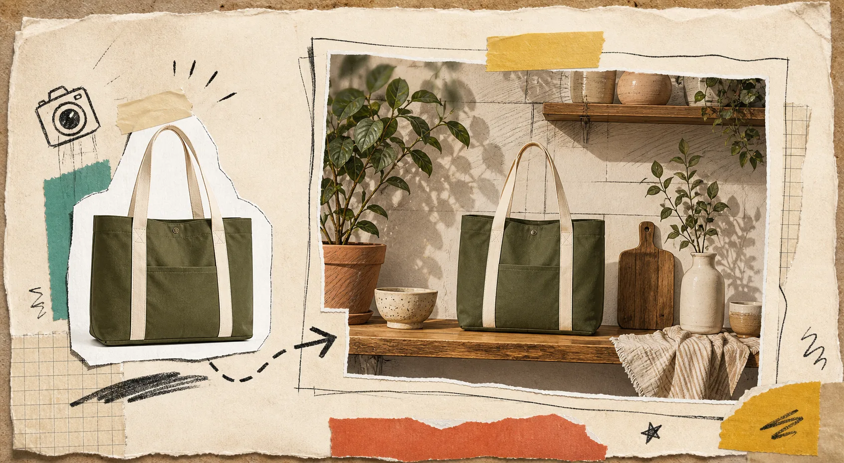 Hand-drawn illustration of a product placed into a lifestyle scene