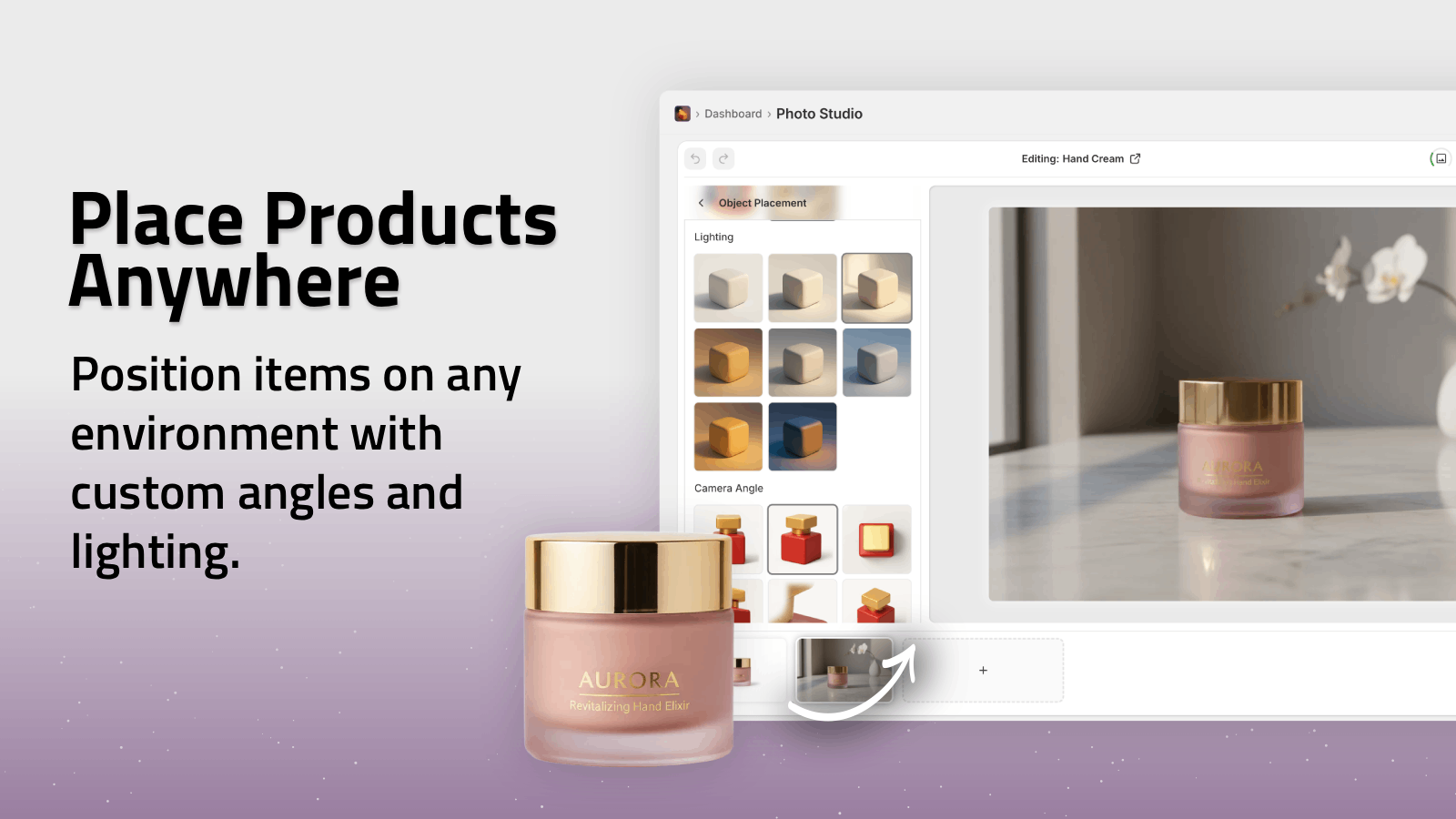 Product placement feature screenshot showing products staged in different environments