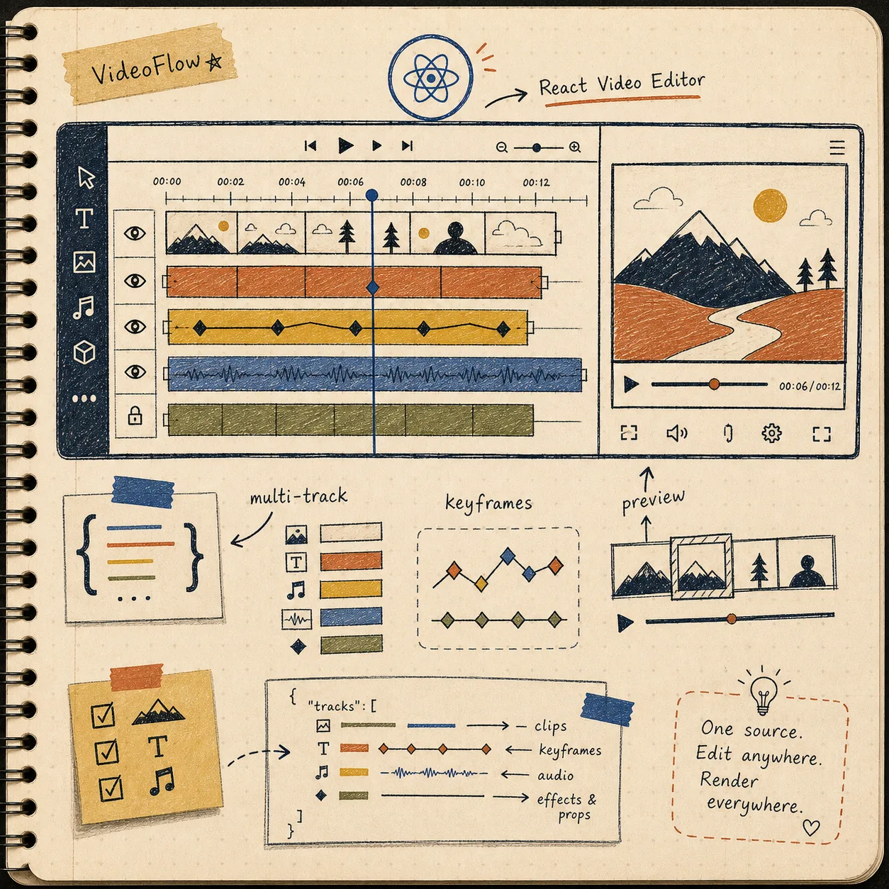 Hand-drawn diagram of VideoFlow preview, React editor, server render, and export flow
