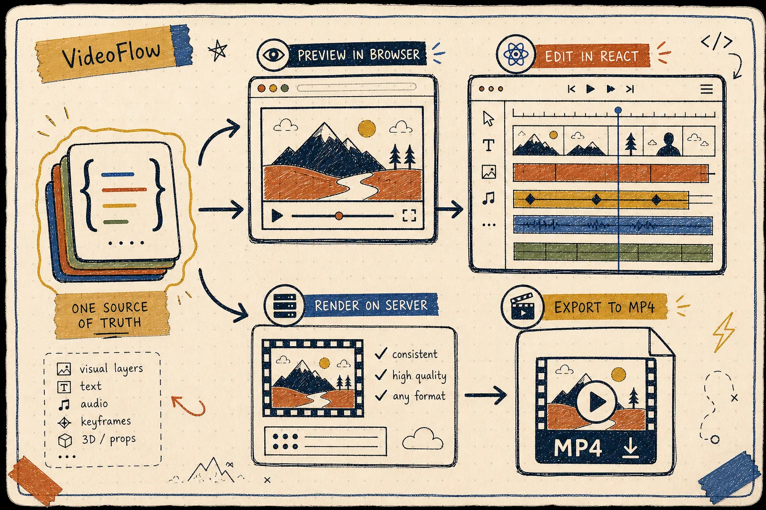 Hand-drawn VideoFlow workflow banner showing JSON, preview, editor, server render, and MP4 export