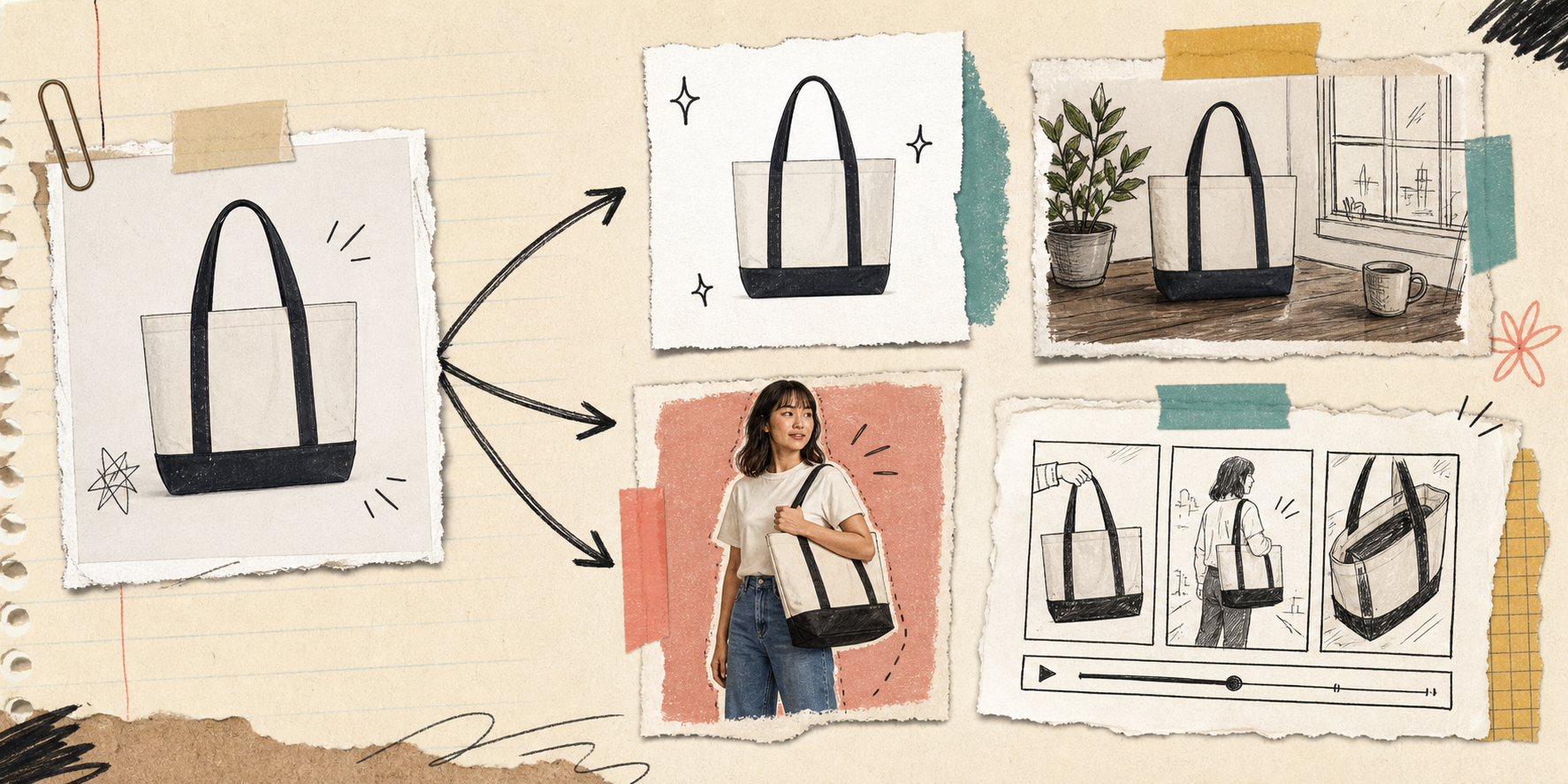Hand-drawn banner showing one product photo branching into cleanup, lifestyle placement, try-on, and motion assets