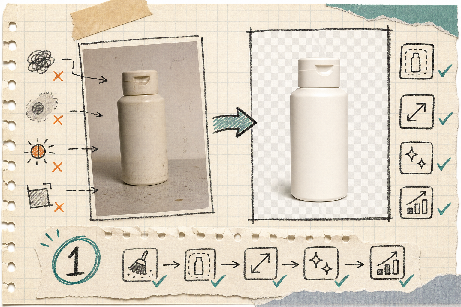 Notebook-style before and after of a product photo being cleaned and enhanced