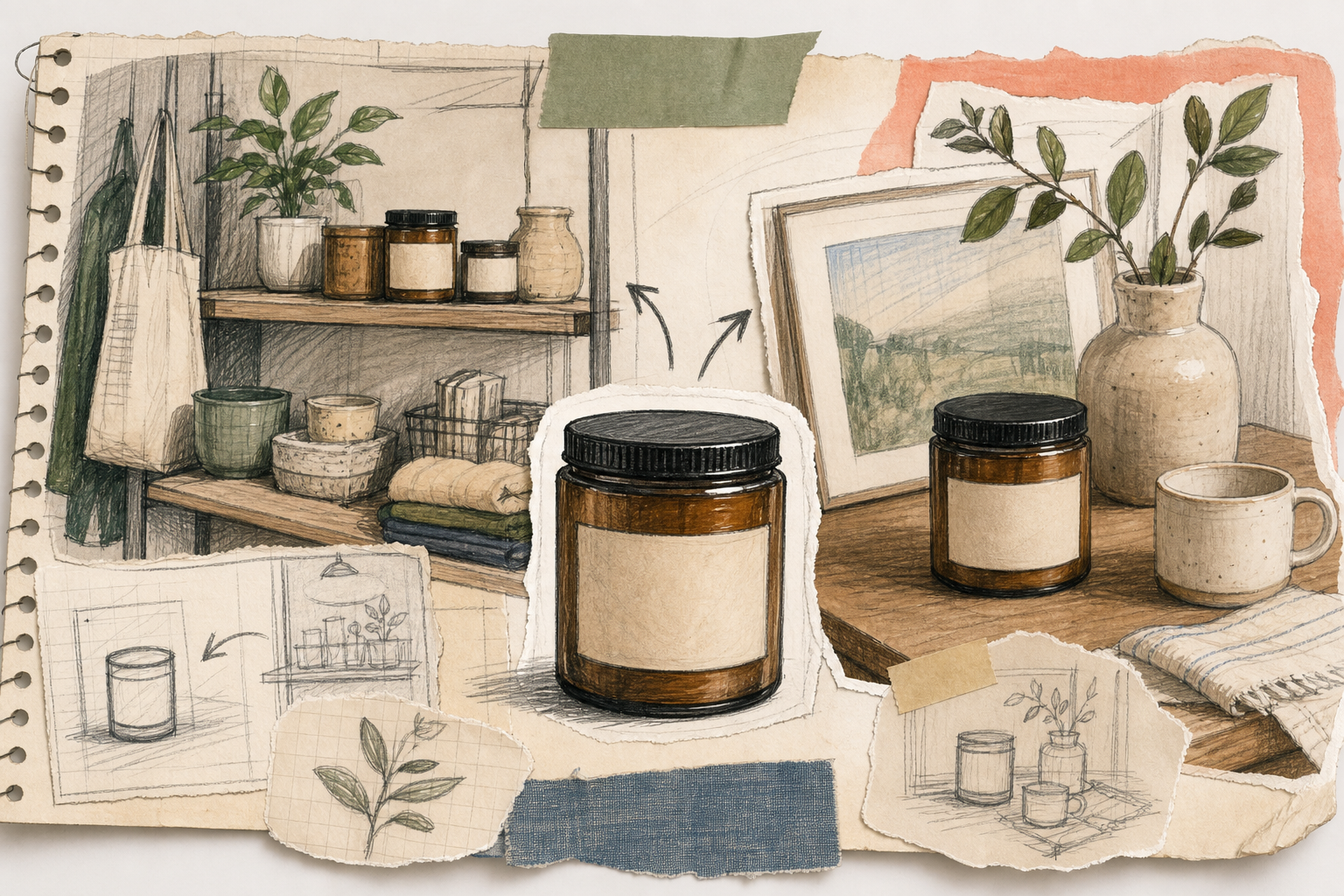 Hand-drawn lifestyle scene showing a product placed into a practical environment
