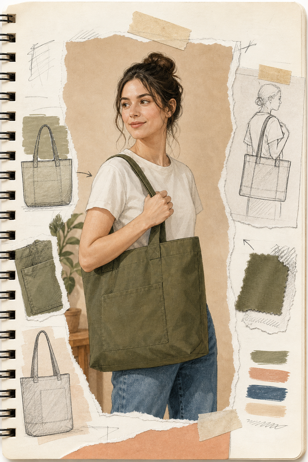 Hand-drawn try-on illustration showing apparel or an accessory on a realistic model