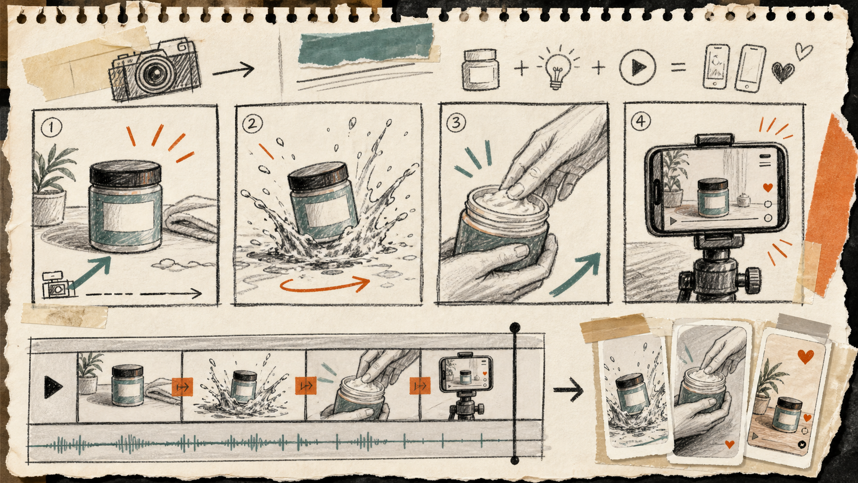 Hand-drawn storyboard for short product videos and UGC-style clips