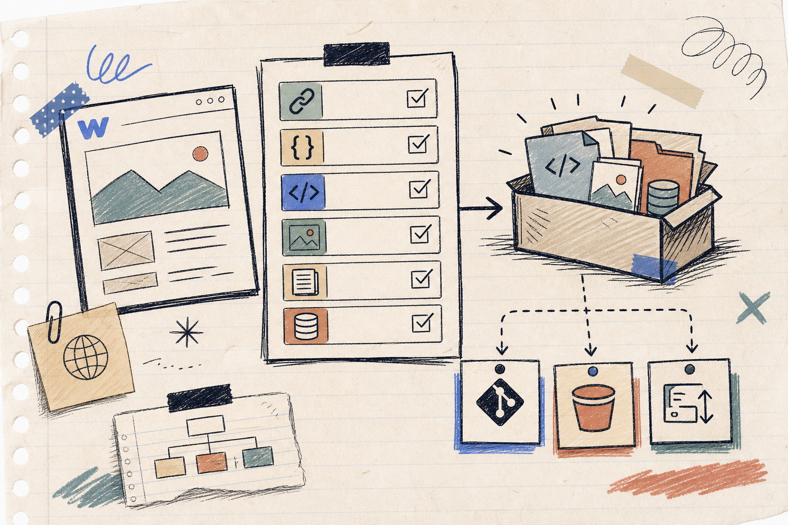 Hand-drawn checklist of Webflow export settings for CSS, JS, images, and pages