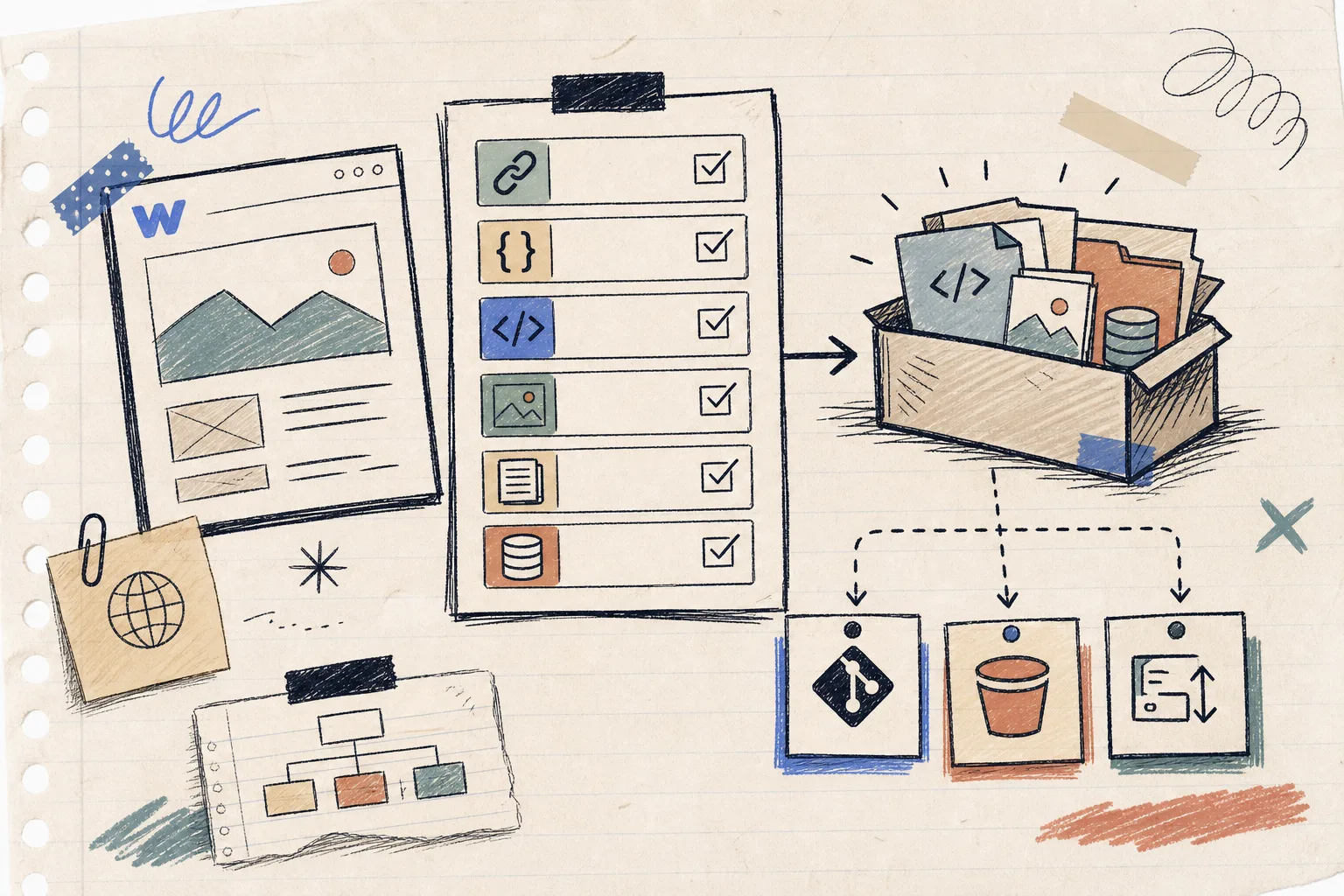 Hand-drawn checklist of Webflow export settings for CSS, JS, images, and pages