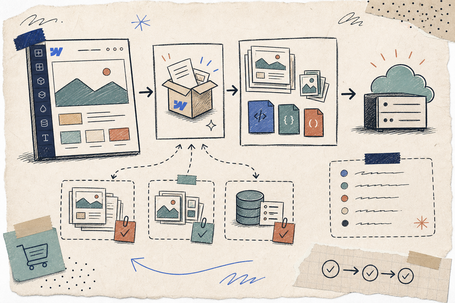 Hand-drawn workflow map from Webflow project to exported static hosting