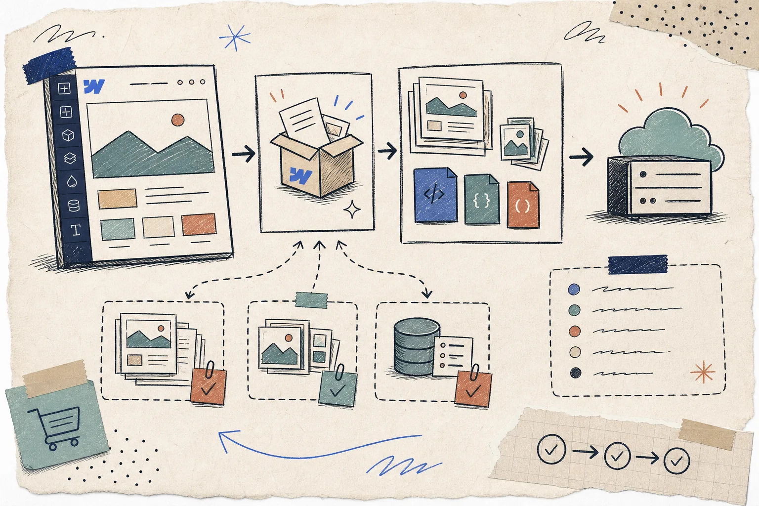 Hand-drawn workflow map from Webflow project to exported static hosting