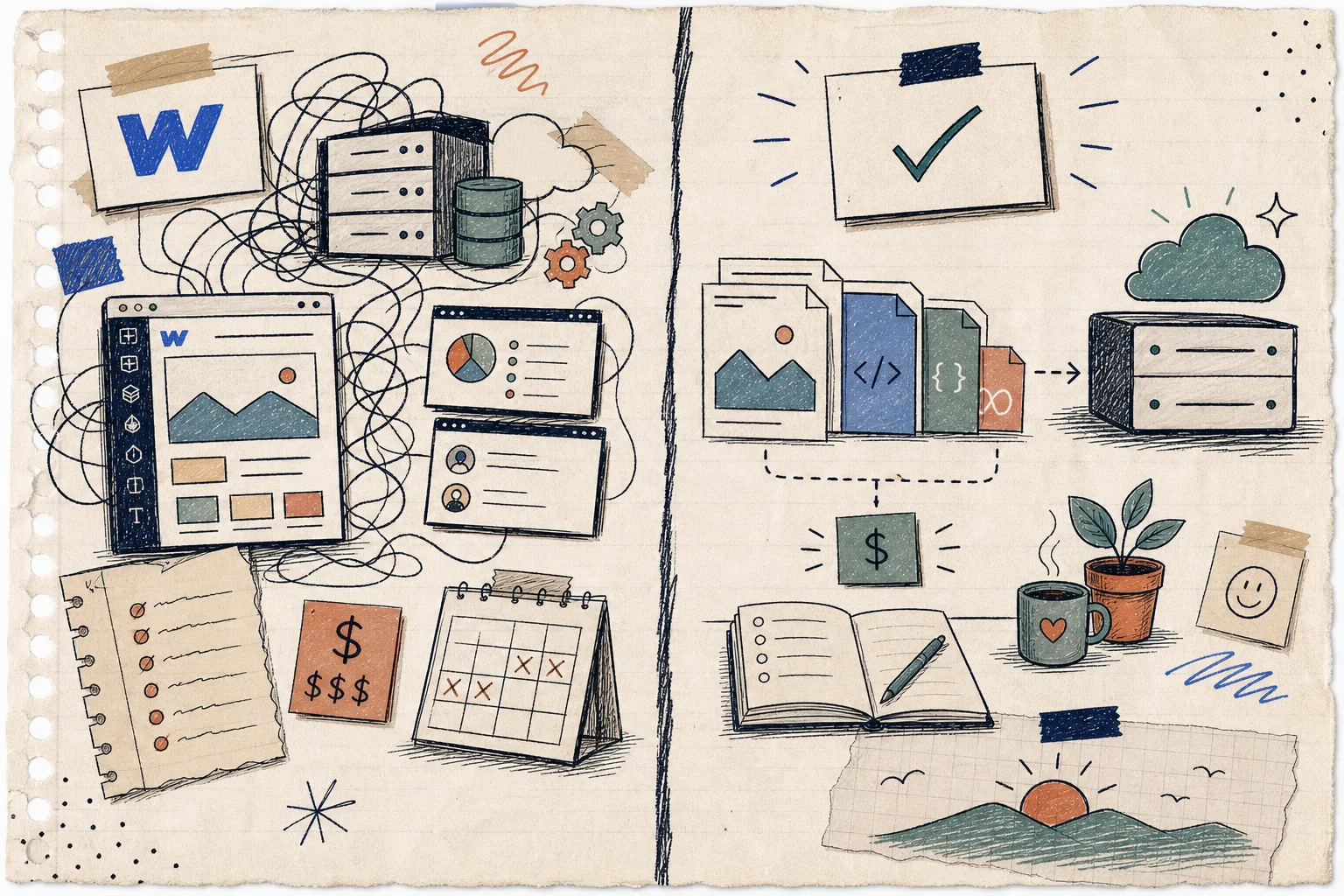Hand-drawn comparison of Webflow hosting versus exported static hosting