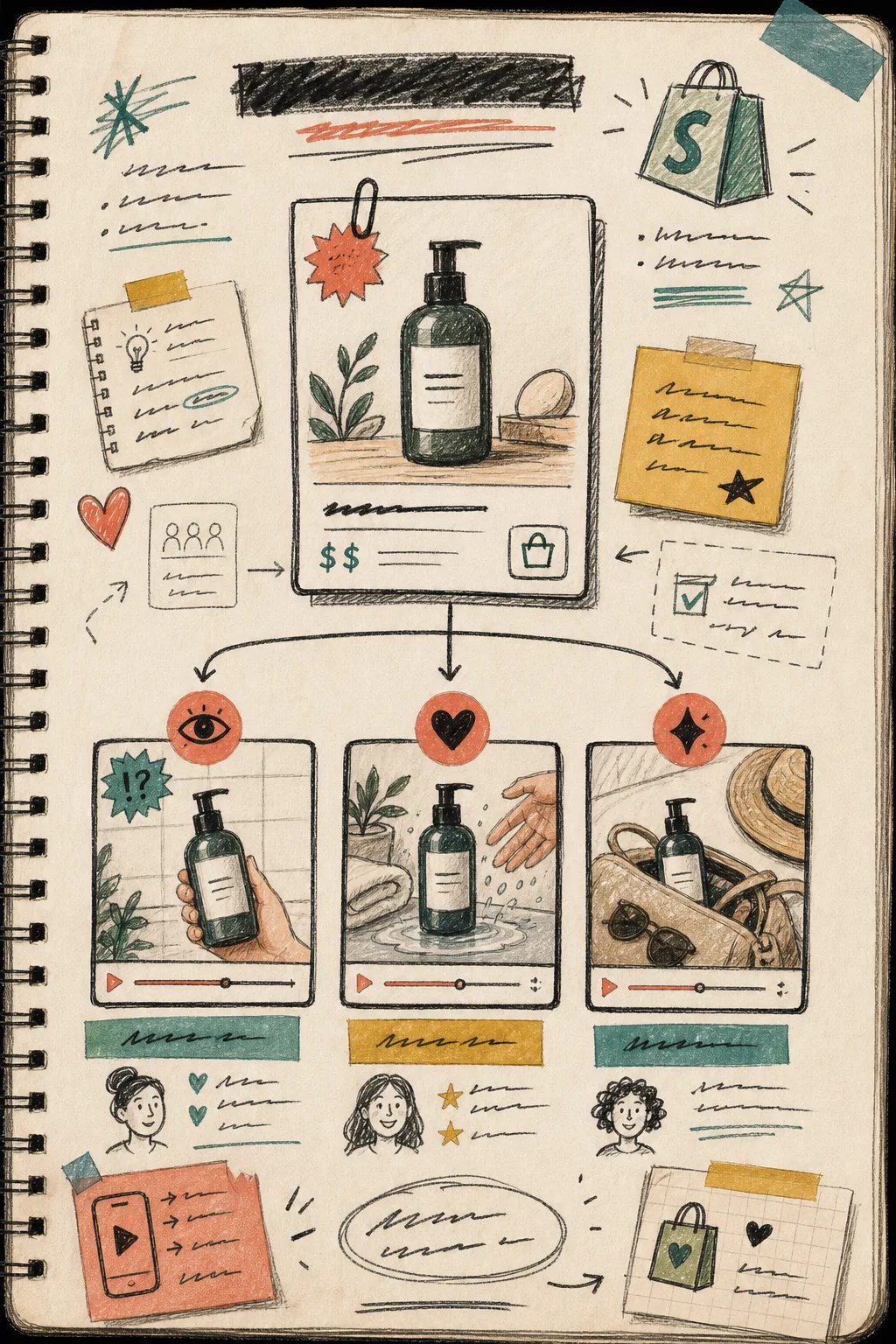 Notebook style illustration of one product branching into multiple UGC angles