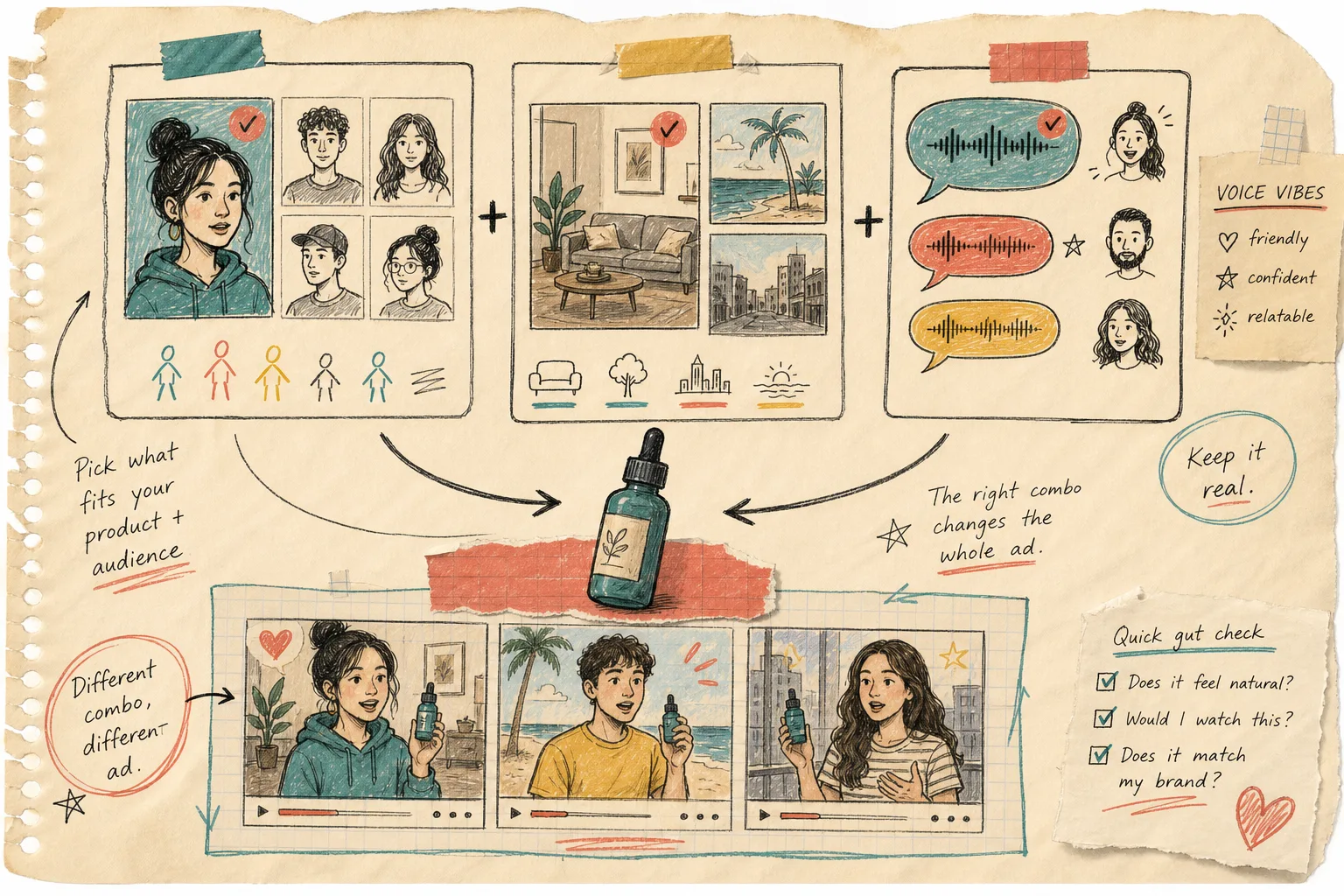 Sketchbook illustration of avatar scene and voice choices