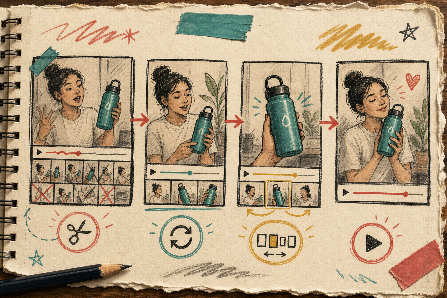 Hand-drawn iteration board for trimming and regenerating UGC clips
