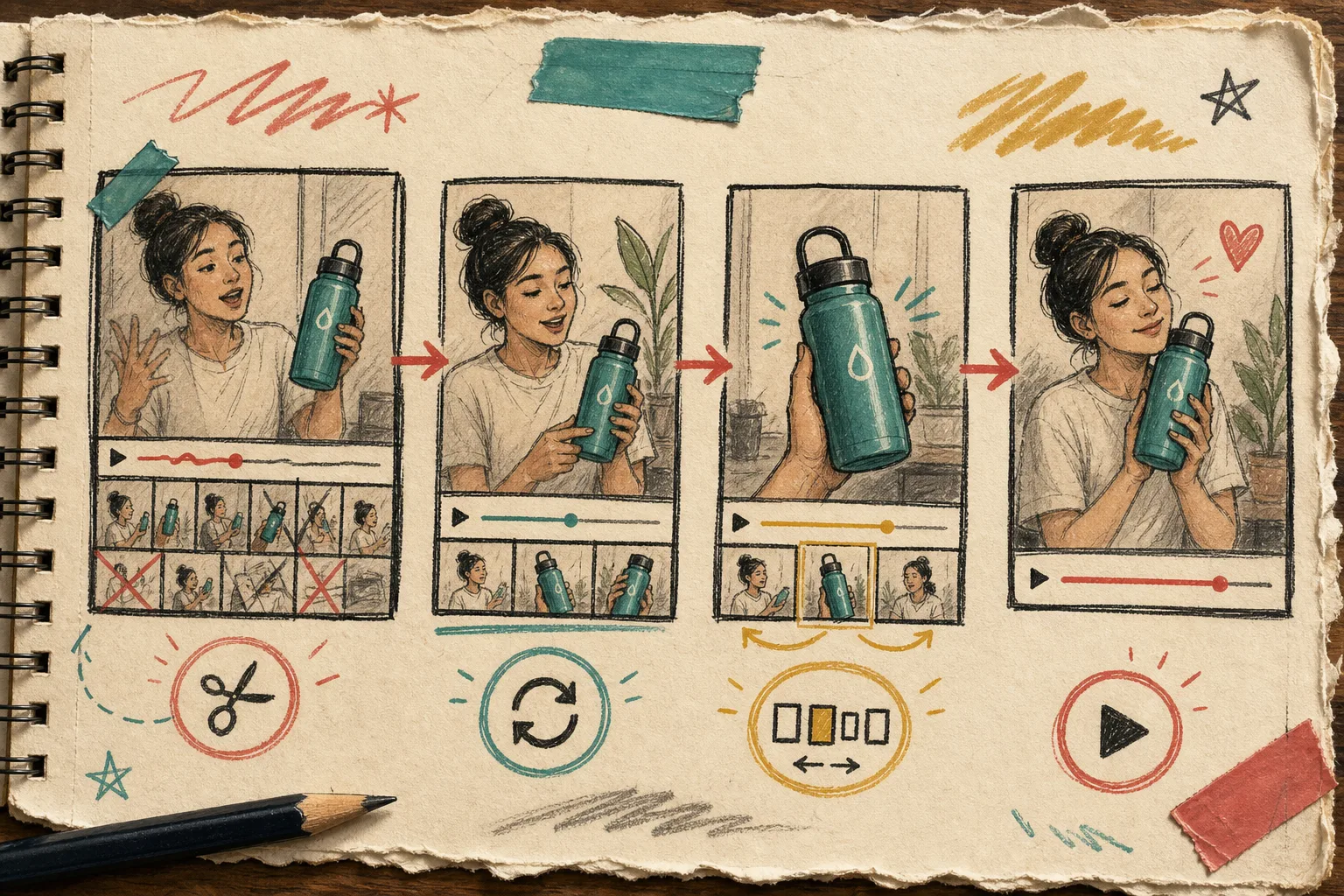 Hand-drawn iteration board for trimming and regenerating UGC clips